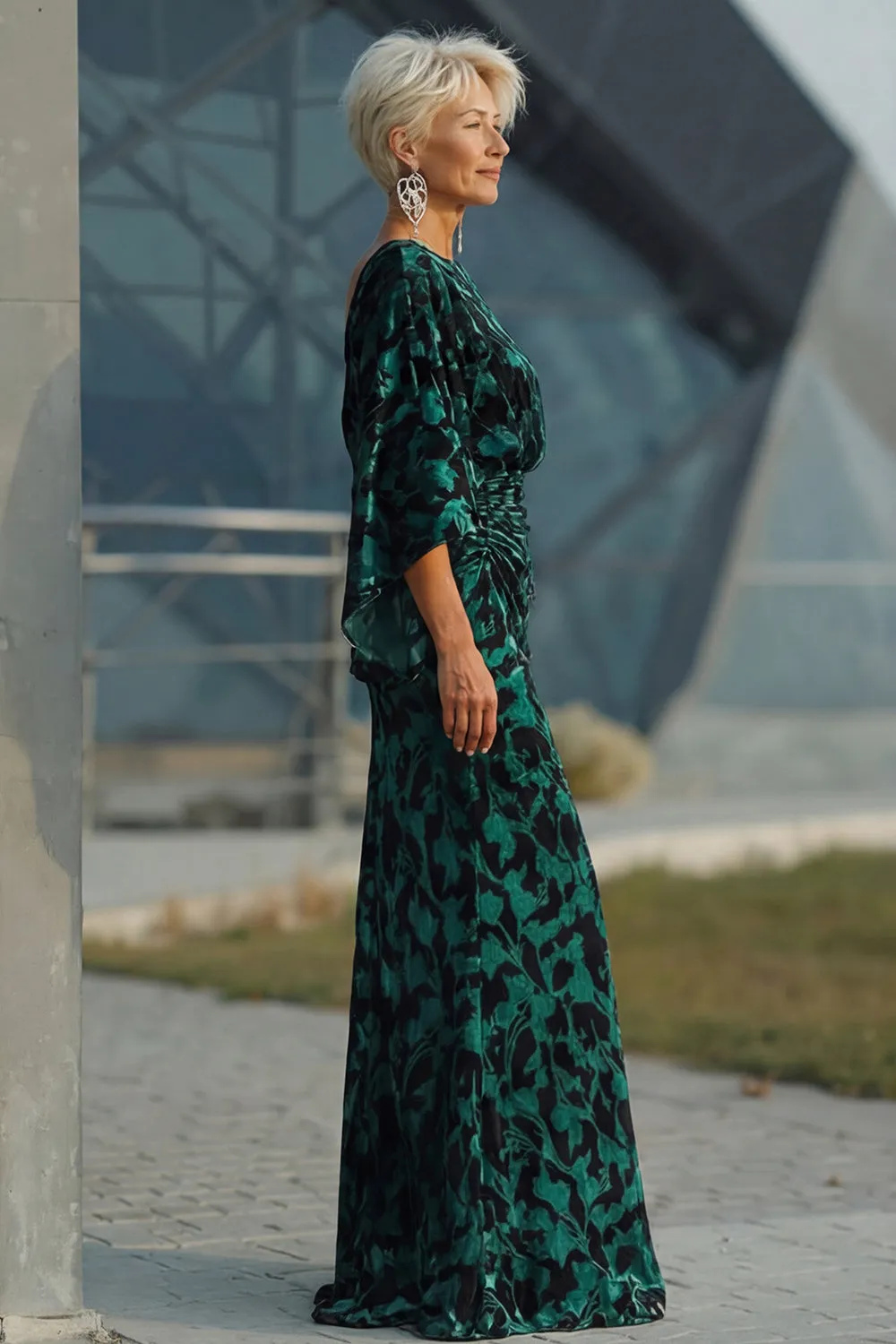 Peacock Blue Velvet Burnout Sheath Maxi Mother of the Bride Dress with Cape Sleeves sold by Wedtrend product image thumbnail 3