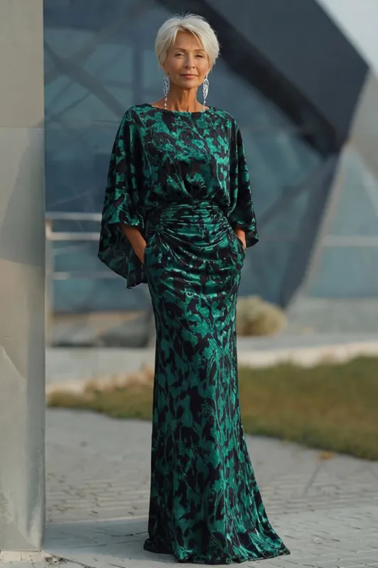 Peacock Blue Velvet Burnout Sheath Maxi Mother of the Bride Dress with Cape Sleeves made by Wedtrend