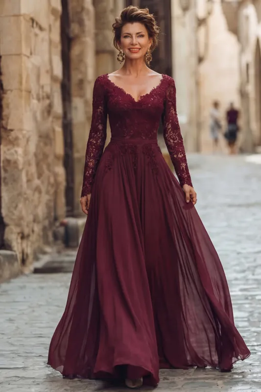 Cabernet V Neck A Line Lace Long Mother of the Bride Dress made by Wedtrend
