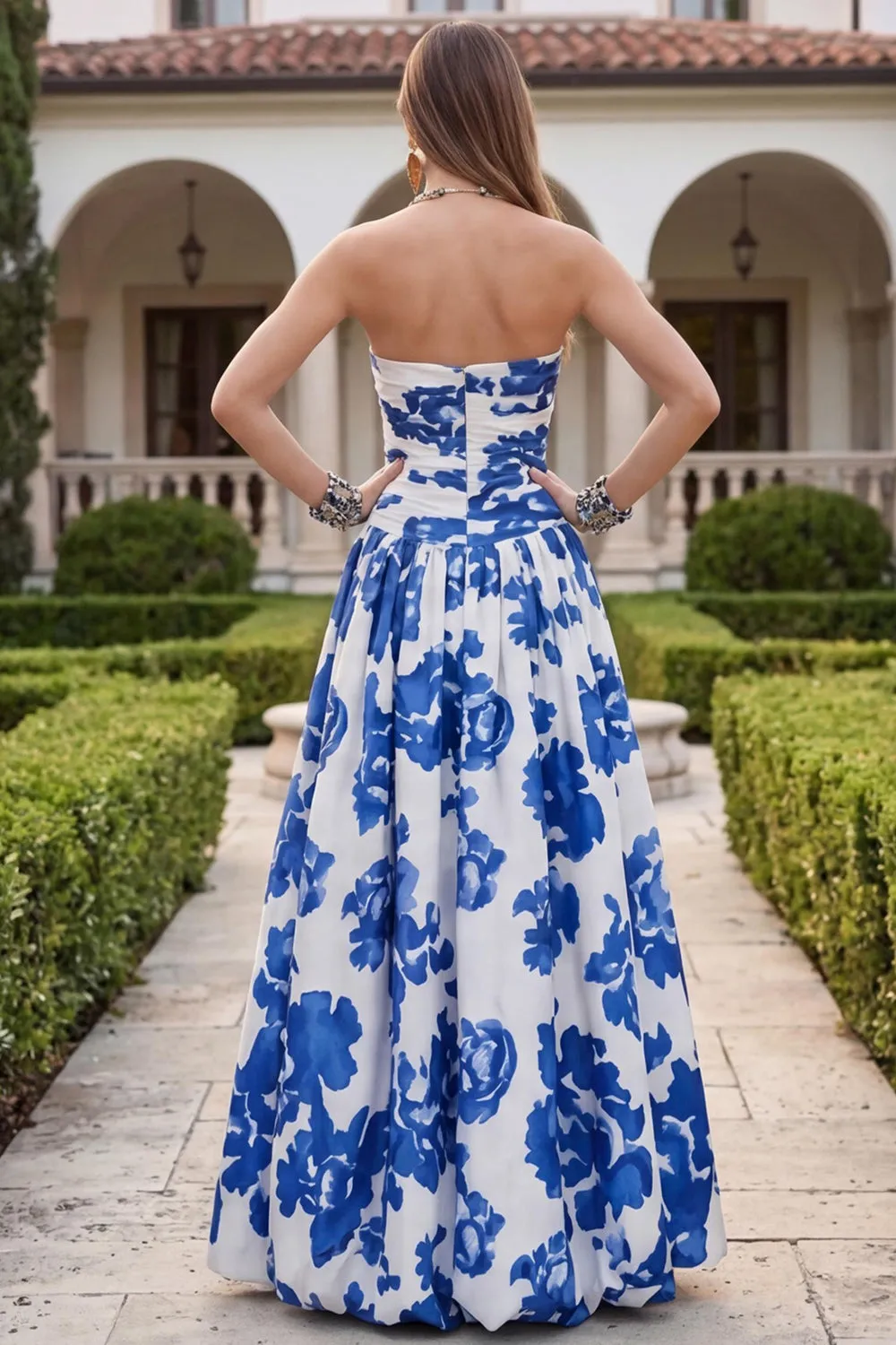 White Blue Floral Strapless A Line Printed Wedding Guest Dress sold by Wedtrend product image thumbnail 2