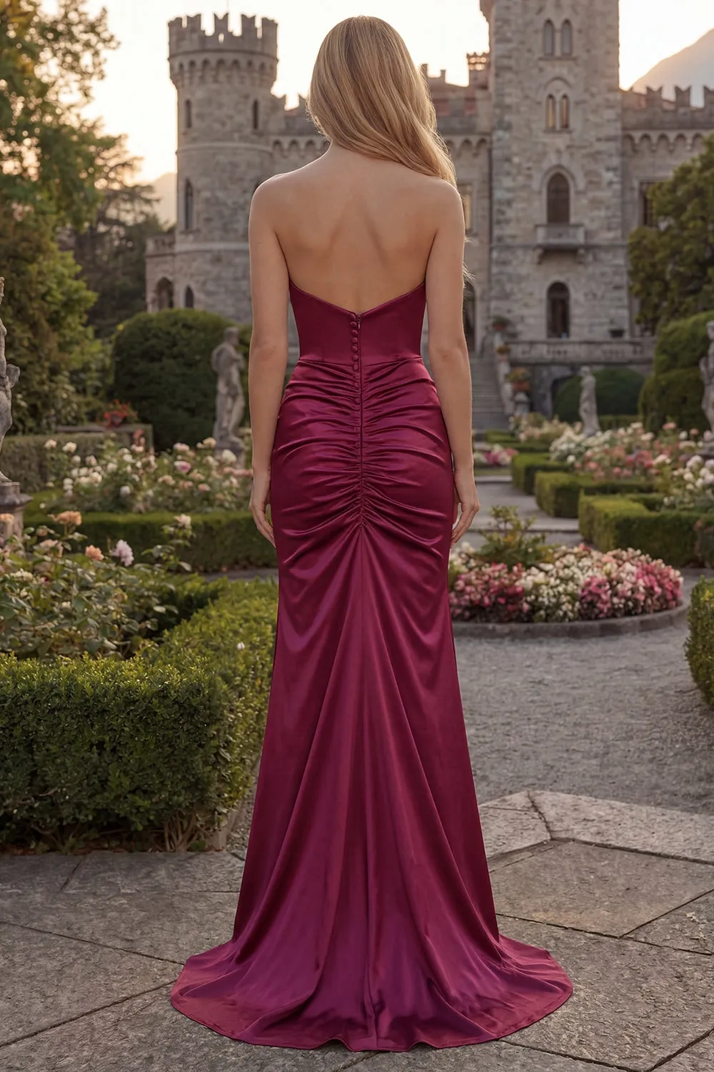 Burgundy Strapless Mermaid Satin Ruched Prom Dress with Slit sold by Wedtrend product image thumbnail 2
