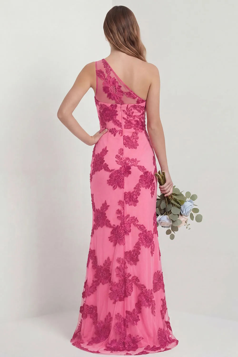 Hot Pink One Shoulder Embroidered Mermaid Long Bridesmaid Dress with Slit sold by Wedtrend product image thumbnail 2