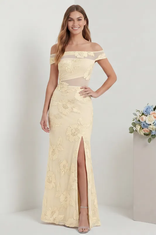 Off the Shoulder Yellow Mermaid Embroidered Bridesmaid Dress with Slit made by Wedtrend
