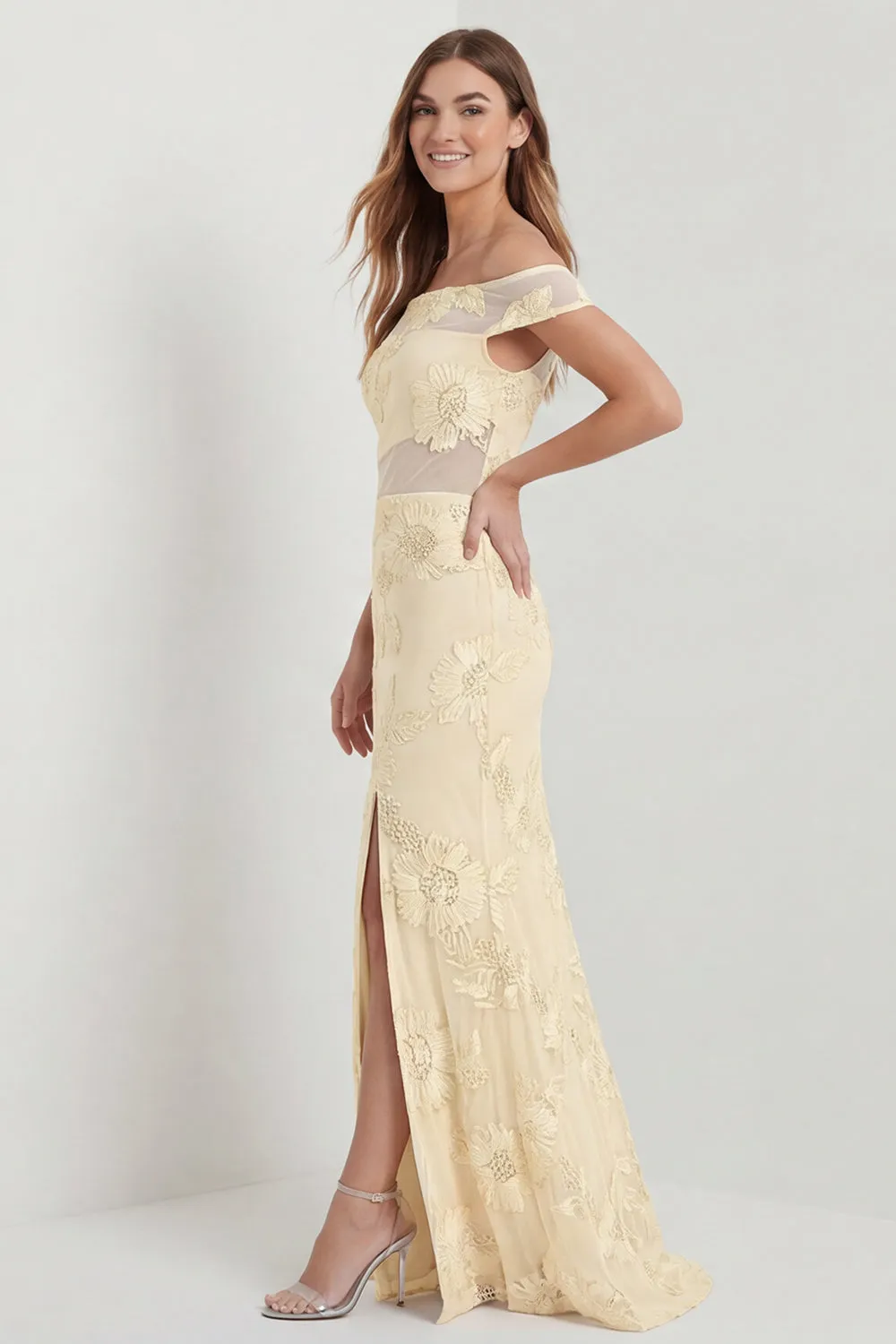 Off the Shoulder Yellow Mermaid Embroidered Bridesmaid Dress with Slit sold by Wedtrend product image thumbnail 2