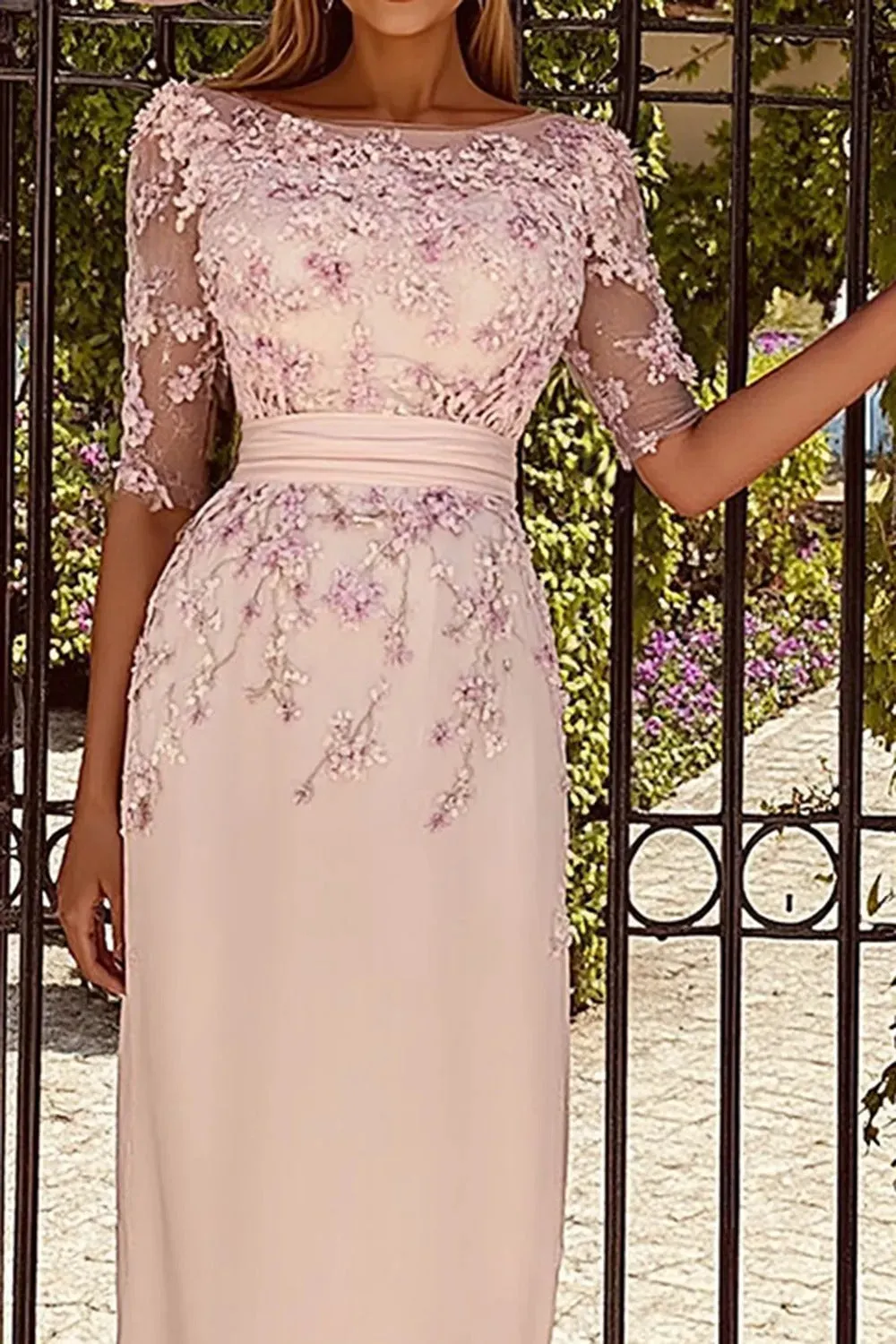 Dusty Rose Boat Neck Floral Midi Mother of the Bride Dress with Half Sleeves sold by Wedtrend product image thumbnail 2