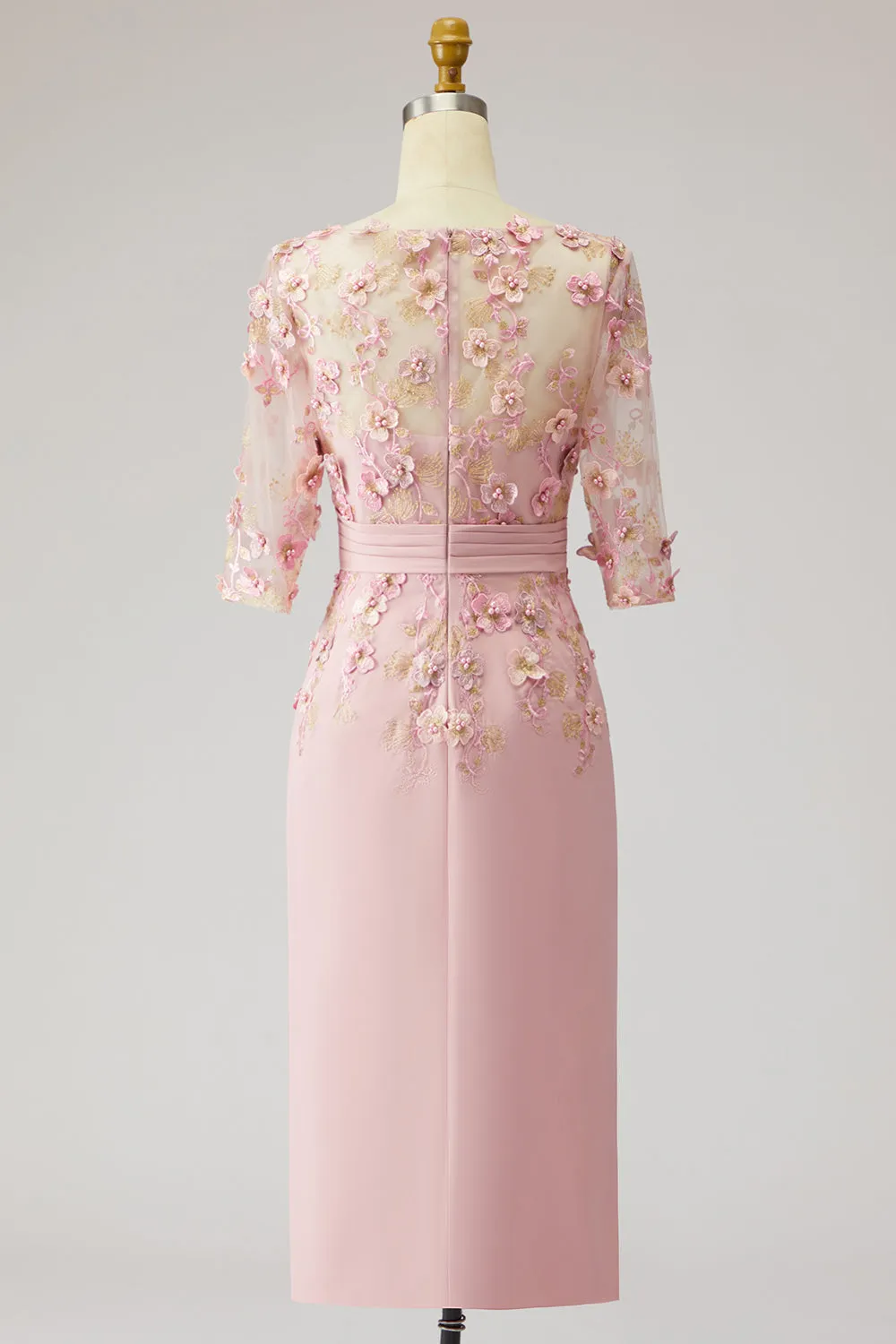 Dusty Rose Boat Neck Floral Midi Mother of the Bride Dress with Half Sleeves sold by Wedtrend product image thumbnail 4