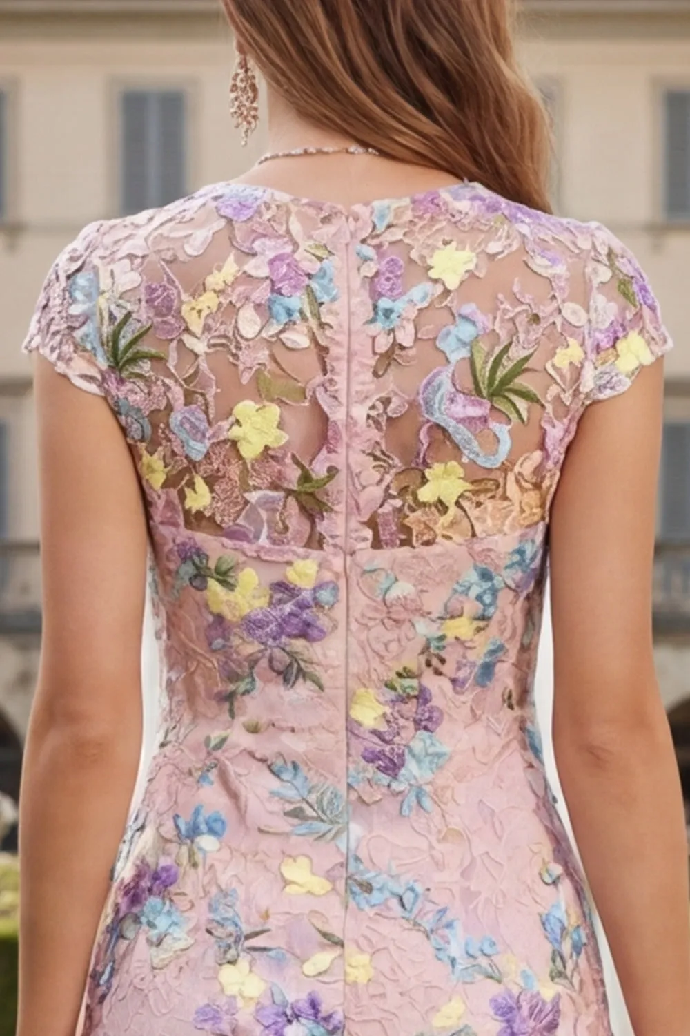 Dusty Rose Floral Appliqued Sheath Midi Wedding Guest Dress with Cap Sleeves sold by Wedtrend product image thumbnail 5