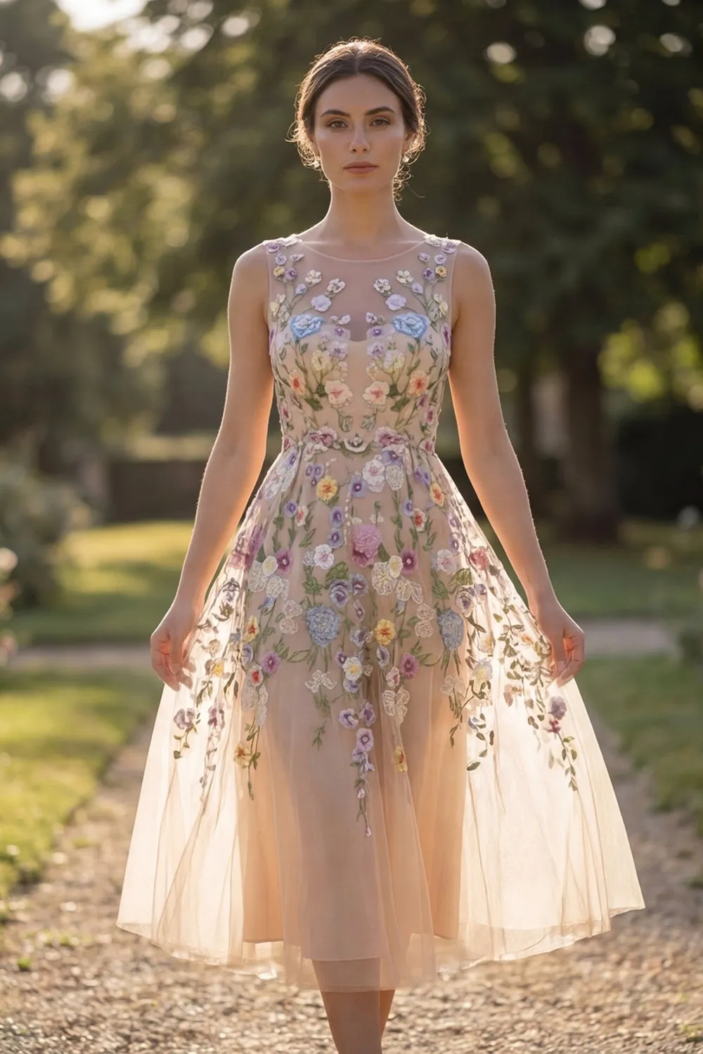 Champagne Flower Round Neck Appliqued A Line Midi Wedding Guest Dress sold by Wedtrend