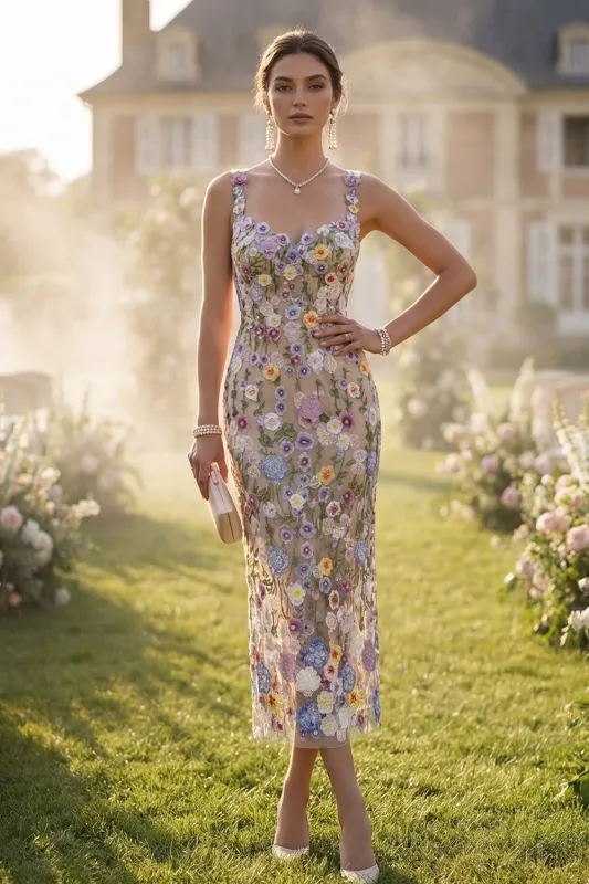 Floral Apricot Appliqued Sheath Spring Wedding Guest Dress made by Wedtrend