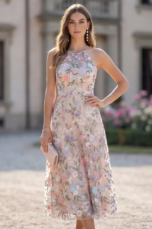 Apricot Flower Embroidered A Line Illusion Neck Midi Wedding Guest Dress made by Wedtrend