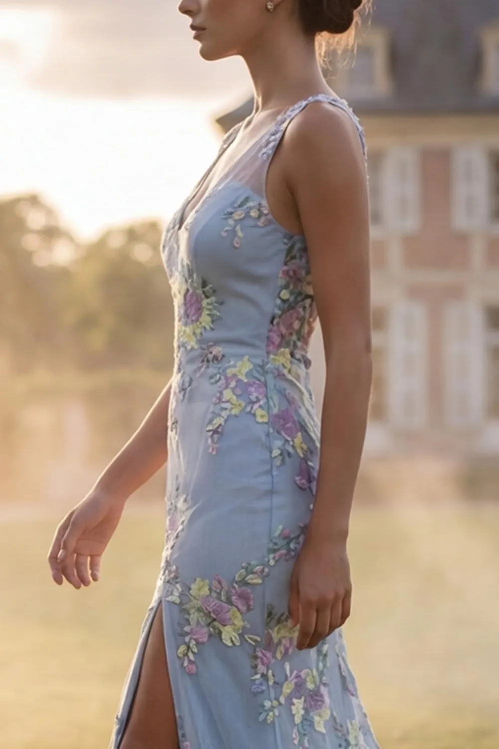 Light Blue Floral Applique V Neck Mermaid Long Prom Dress with Slit sold by Wedtrend product image thumbnail 4