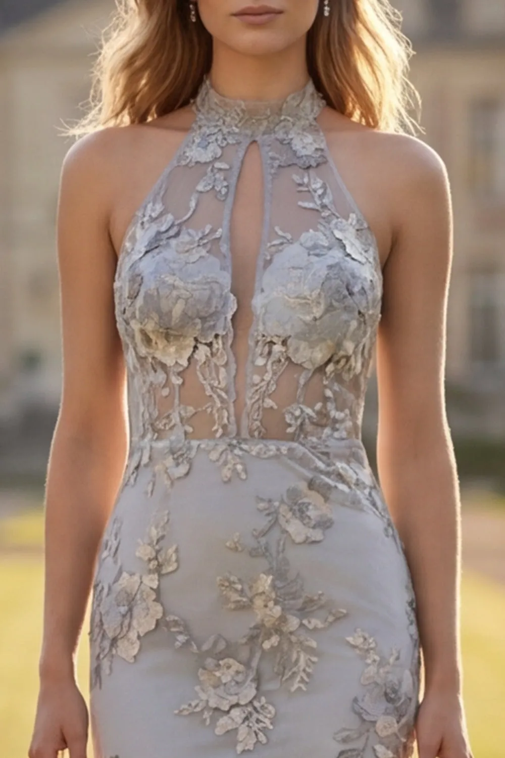 Silver High Neck Appliqued Mermaid Cut Out Long Prom Dress sold by Wedtrend product image thumbnail 4