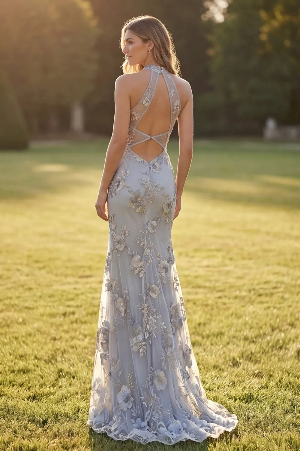 Silver High Neck Appliqued Mermaid Cut Out Long Prom Dress sold by Wedtrend product image thumbnail 2