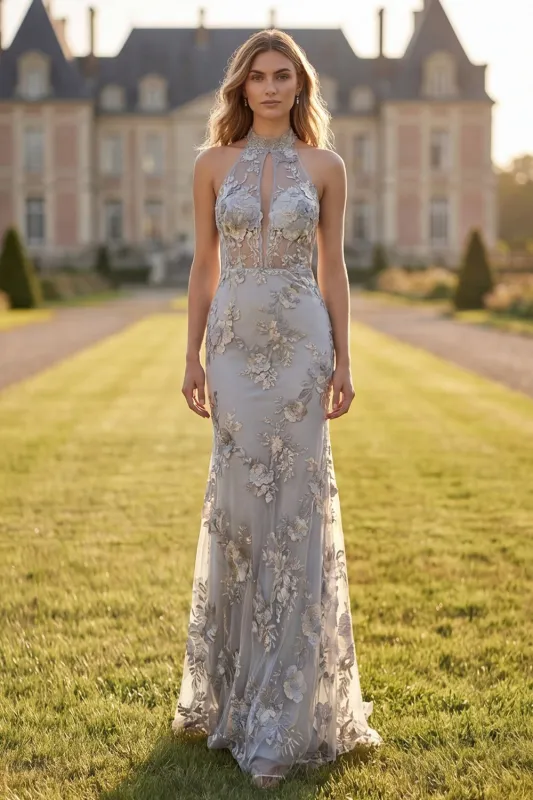 Silver High Neck Appliqued Mermaid Cut Out Long Prom Dress made by Wedtrend