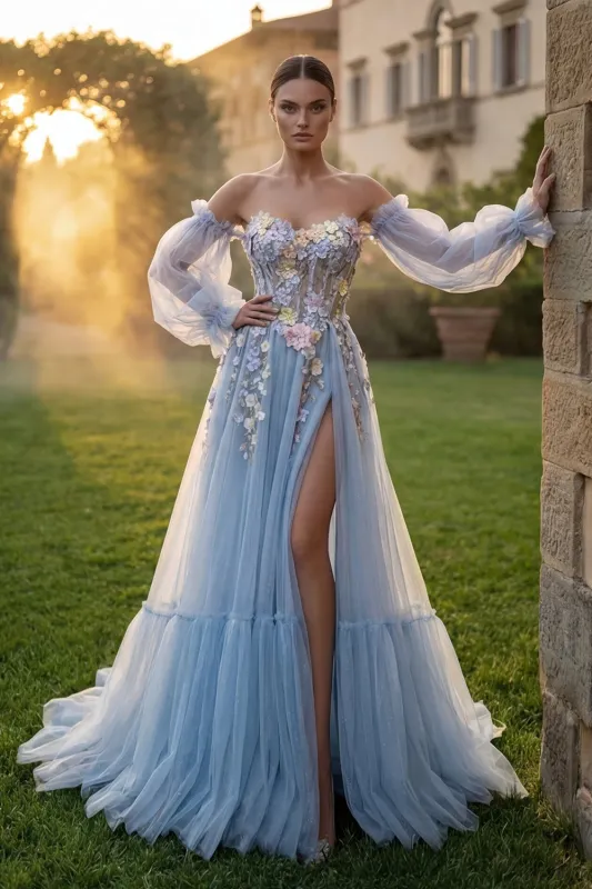 Light Blue Strapless A Line 3D FLower Long Prom Dress with Removable Sleeves made by Wedtrend