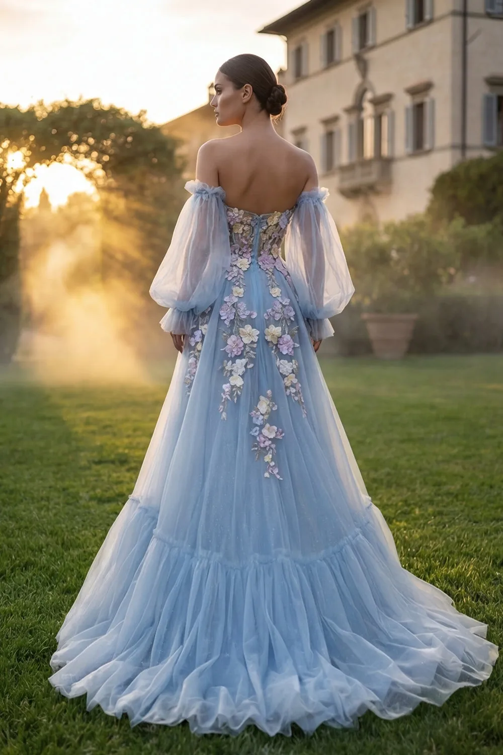 Light Blue Strapless A Line 3D FLower Long Prom Dress with Removable Sleeves sold by Wedtrend product image thumbnail 2
