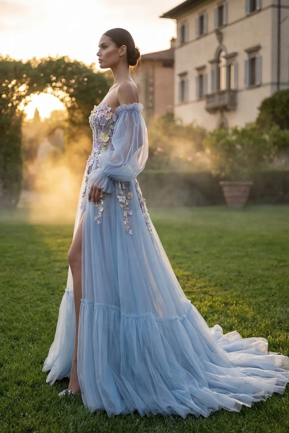 Light Blue Strapless A Line 3D FLower Long Prom Dress with Removable Sleeves sold by Wedtrend product image thumbnail 3