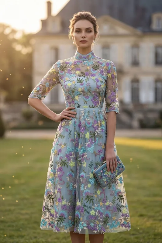 Blue Flower A Line High Neck Midi Wedding Guest Dress with Half Sleeves made by Wedtrend