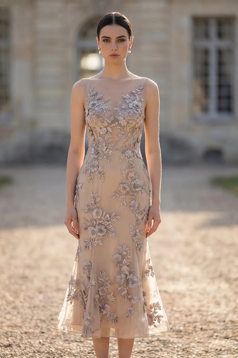 Apricot Mermaid Appliqued Midi Wedding Guest Dress sold by Wedtrend