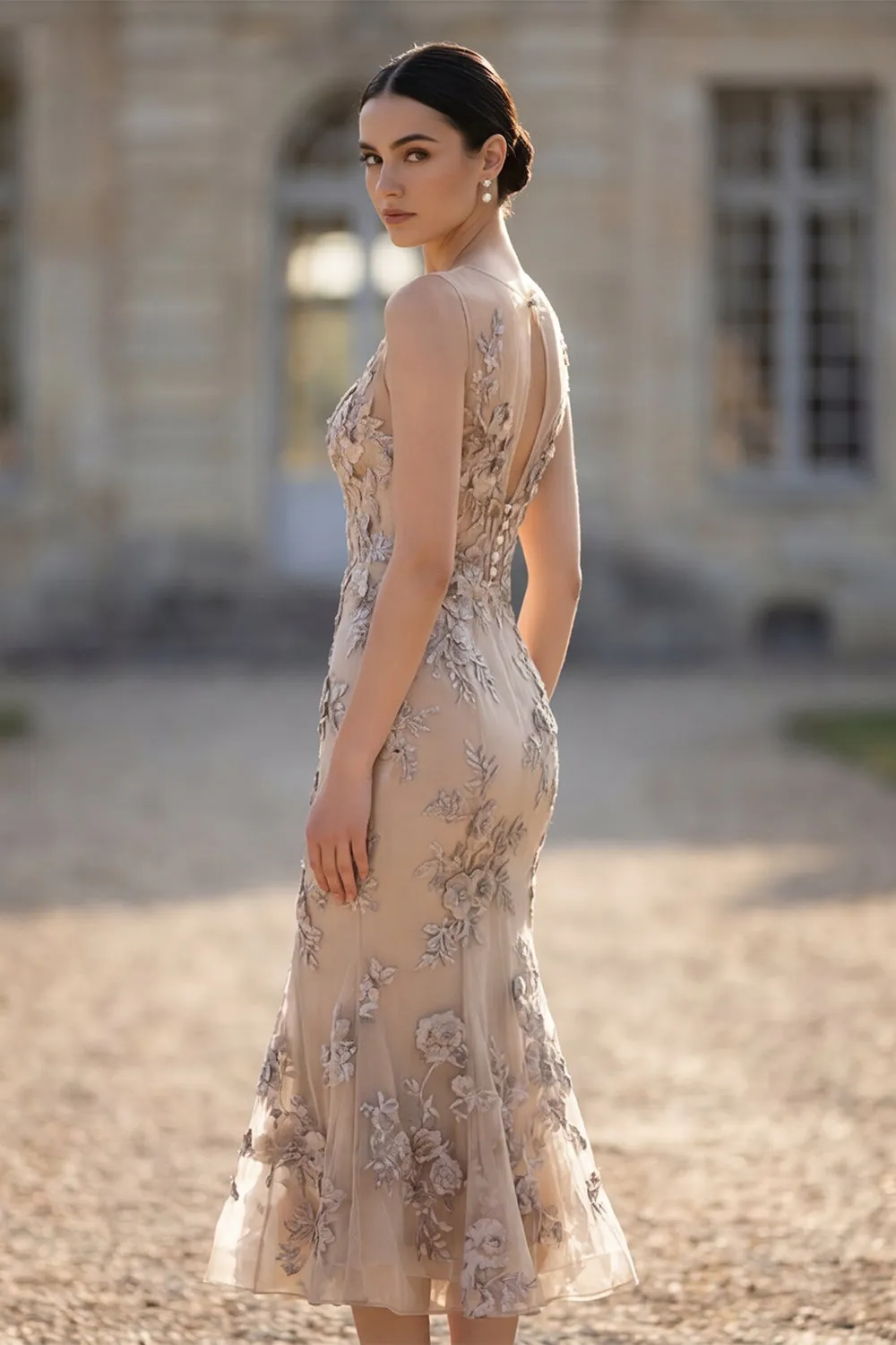 Apricot Mermaid Appliqued Midi Wedding Guest Dress sold by Wedtrend product image thumbnail 3