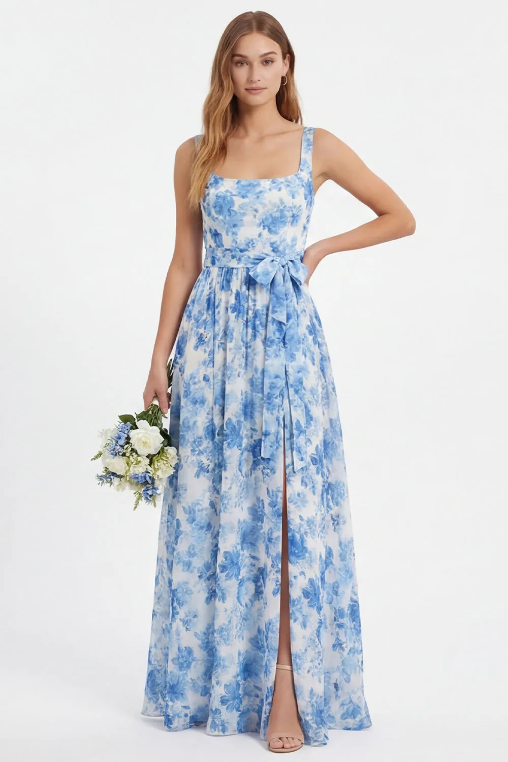 Blue Flower A Line Chiffon Square Neck Long Bridesmaid Dress with Slit sold by Wedtrend
