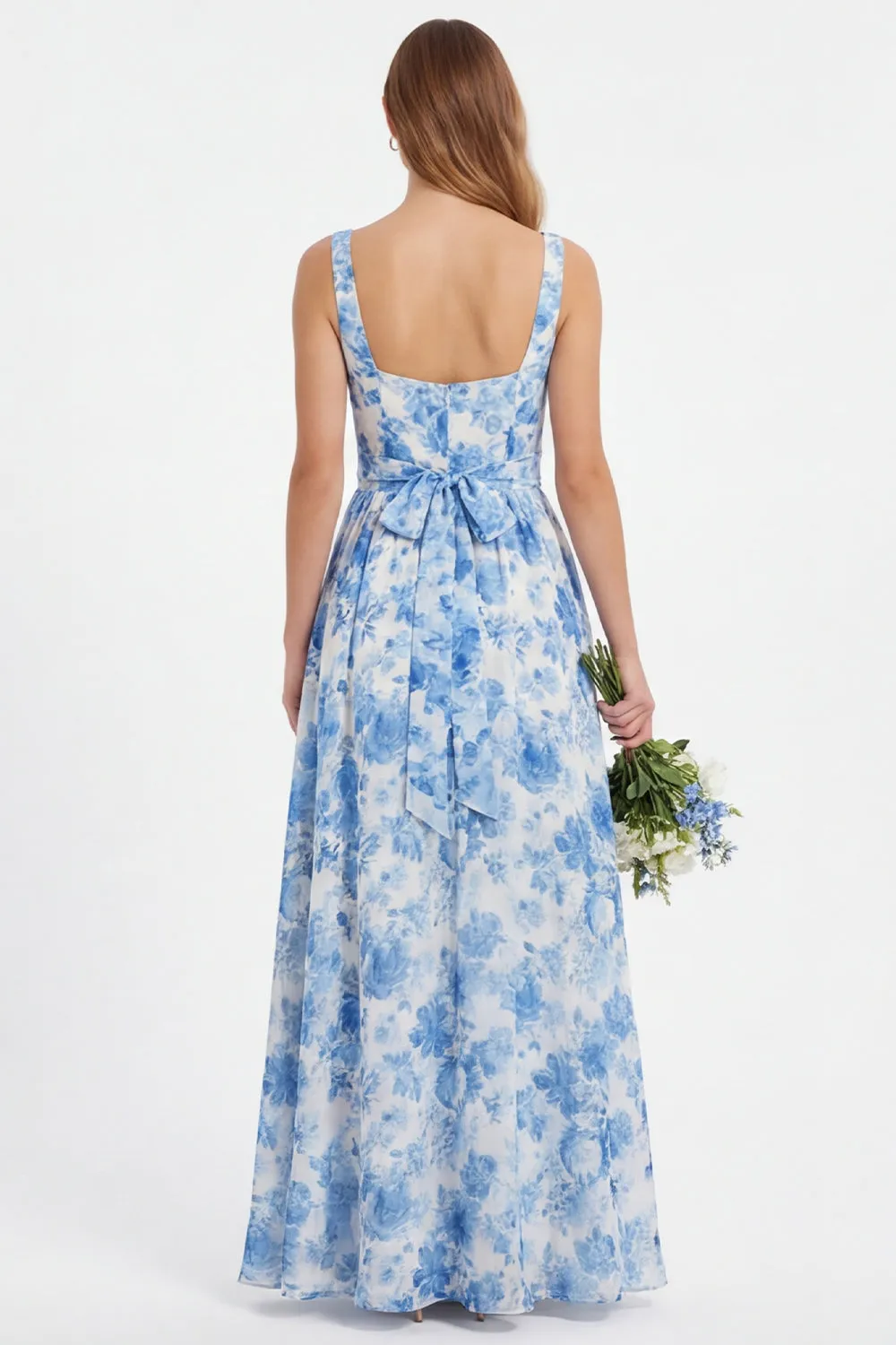 Blue Flower A Line Chiffon Square Neck Long Bridesmaid Dress with Slit sold by Wedtrend product image thumbnail 2