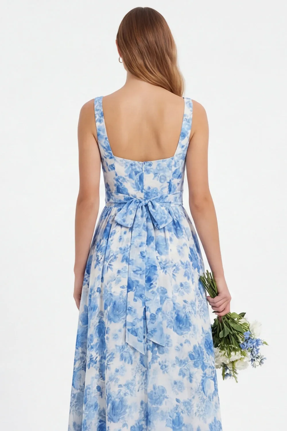 Blue Flower A Line Chiffon Square Neck Long Bridesmaid Dress with Slit sold by Wedtrend product image thumbnail 5