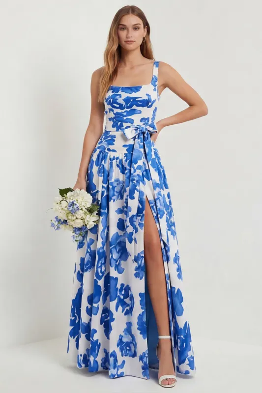 Floral Blue Printed A Line Square Neck Long Bridesmaid Dress with Slit made by Wedtrend