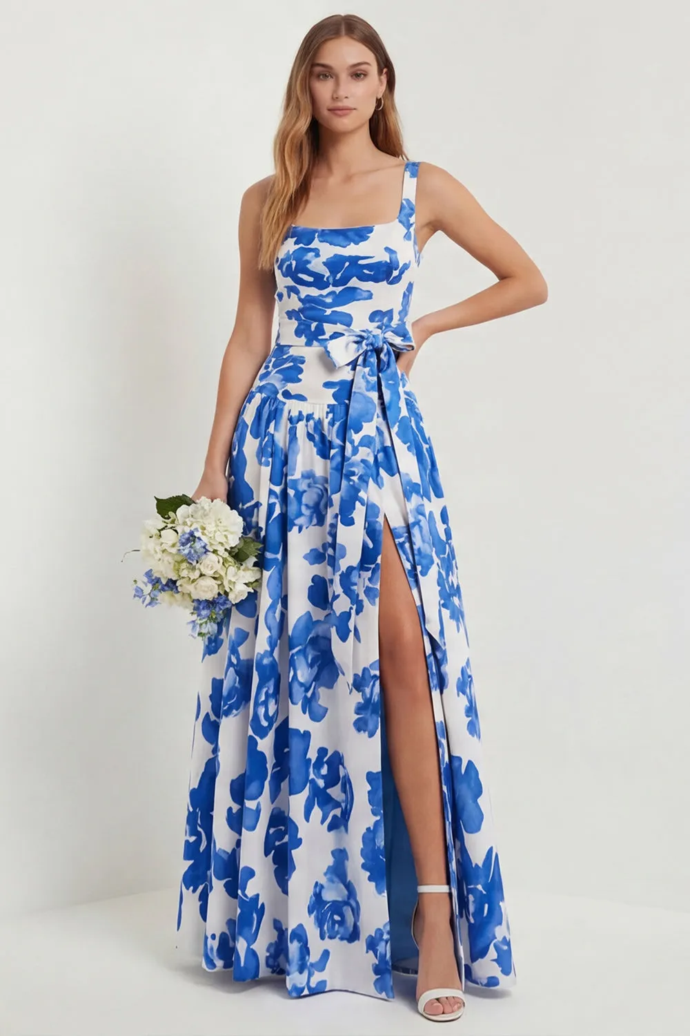 Floral Blue Printed A Line Square Neck Long Bridesmaid Dress with Slit sold by Wedtrend