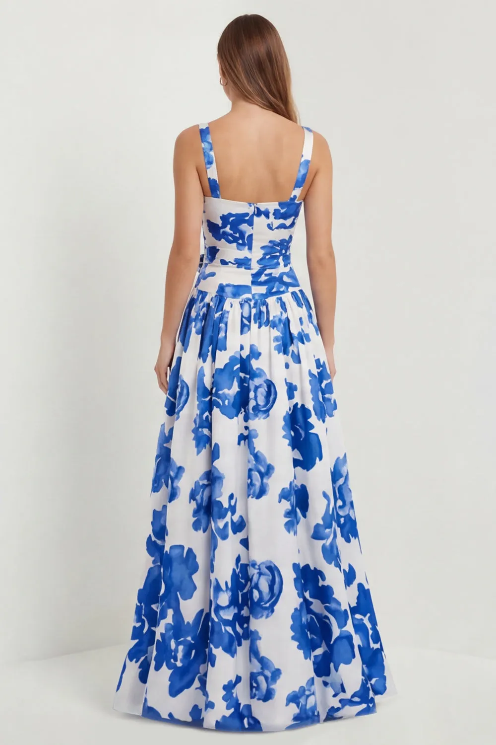 Floral Blue Printed A Line Square Neck Long Bridesmaid Dress with Slit sold by Wedtrend product image thumbnail 2