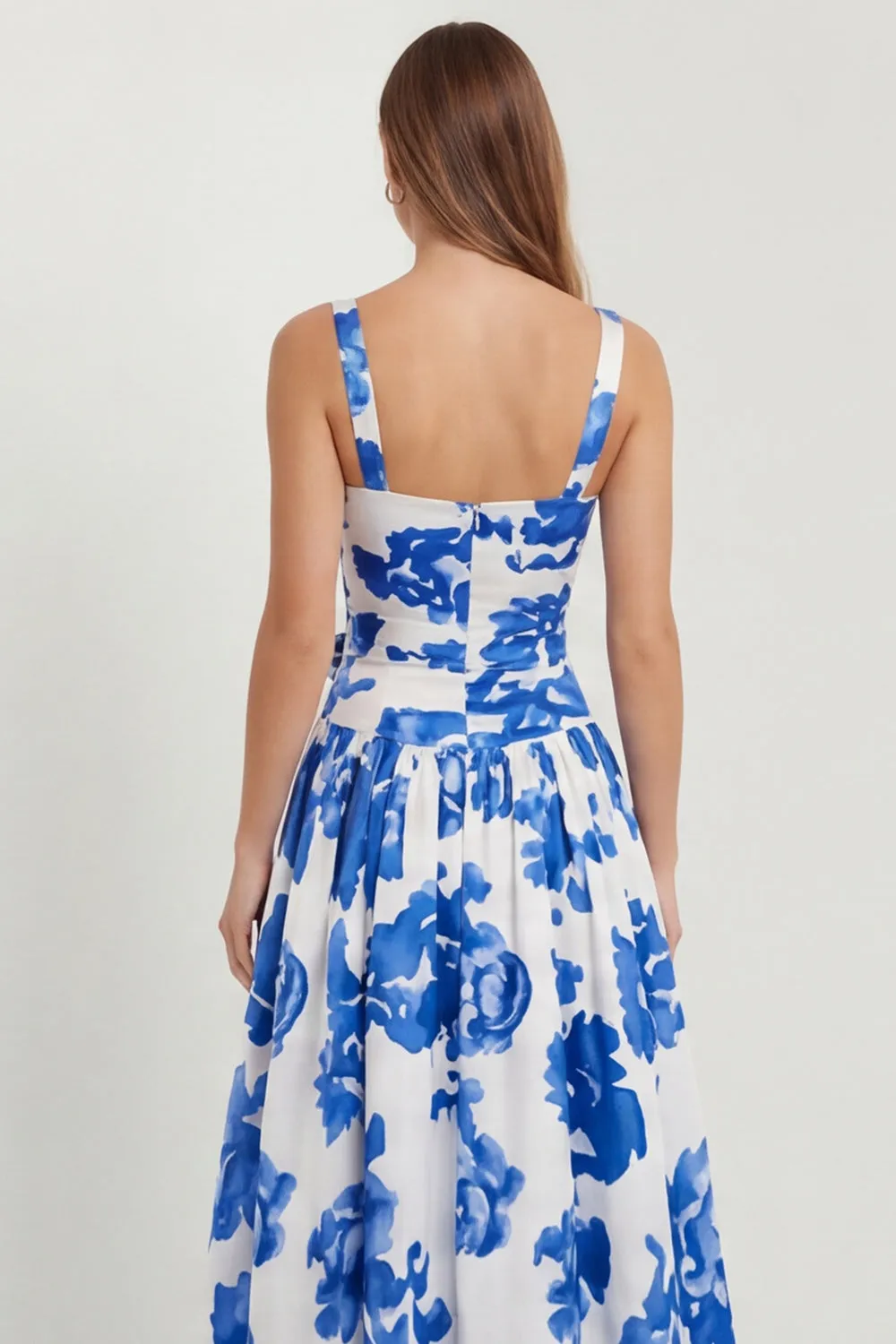 Floral Blue Printed A Line Square Neck Long Bridesmaid Dress with Slit sold by Wedtrend product image thumbnail 5