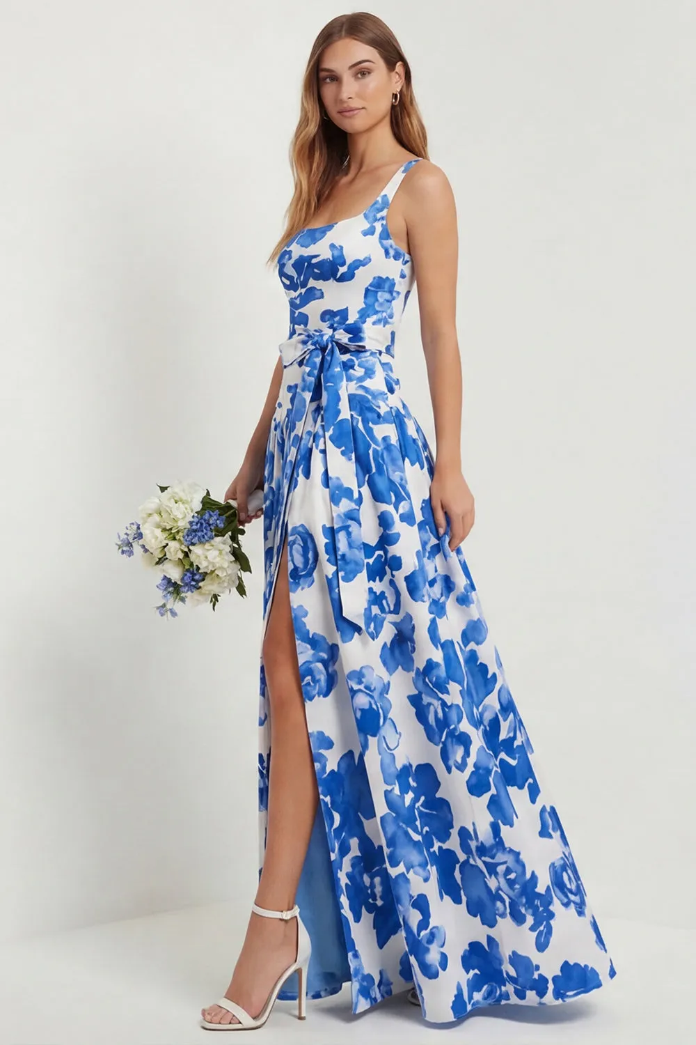 Floral Blue Printed A Line Square Neck Long Bridesmaid Dress with Slit sold by Wedtrend product image thumbnail 3