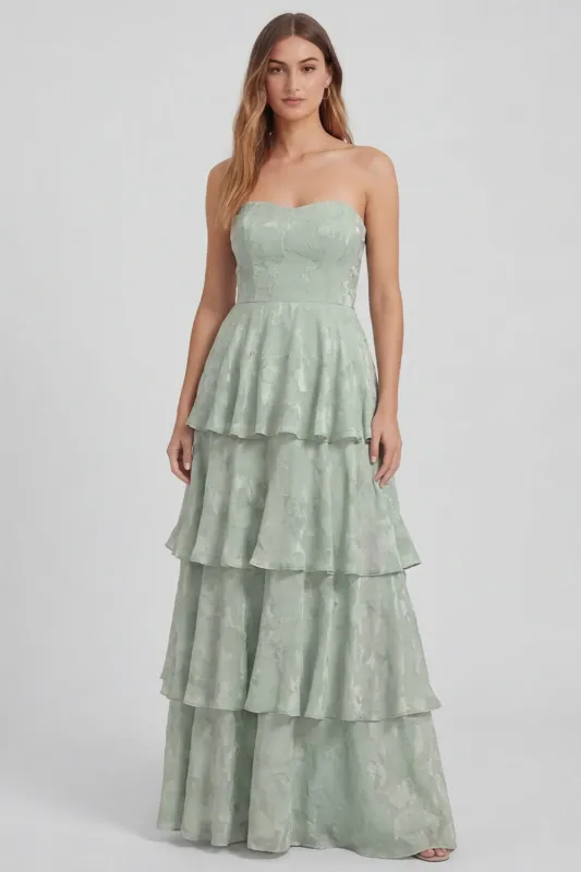 Sage Green A Line Strapless Tiered Ruffle Long Bridesmaid Dress made by Wedtrend