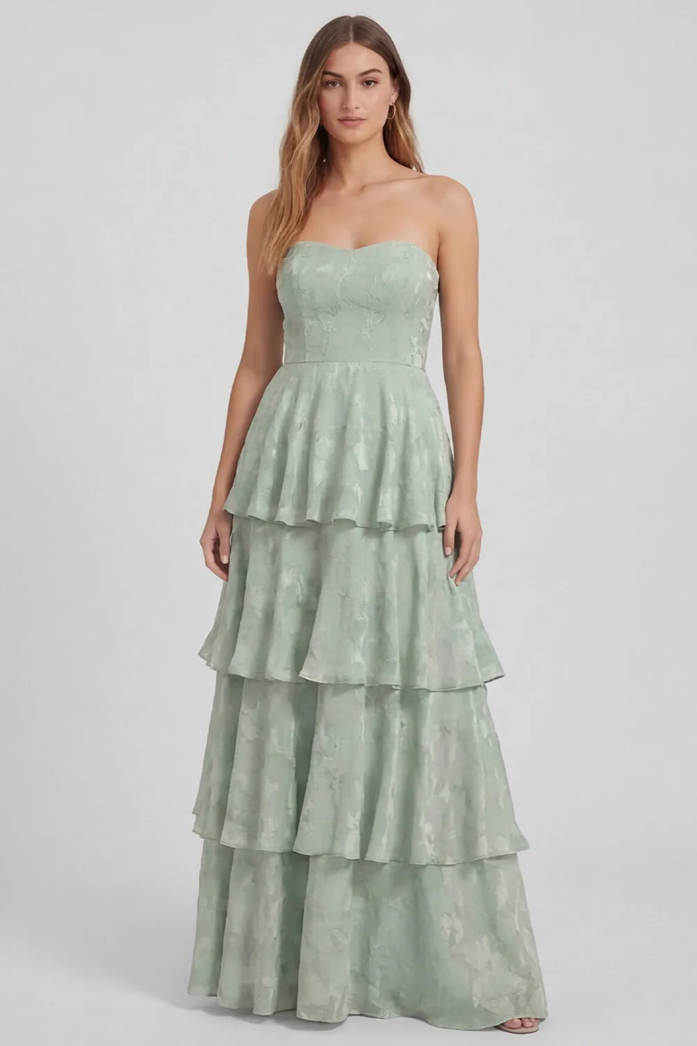 Sage Green A Line Strapless Tiered Ruffle Long Bridesmaid Dress sold by Wedtrend