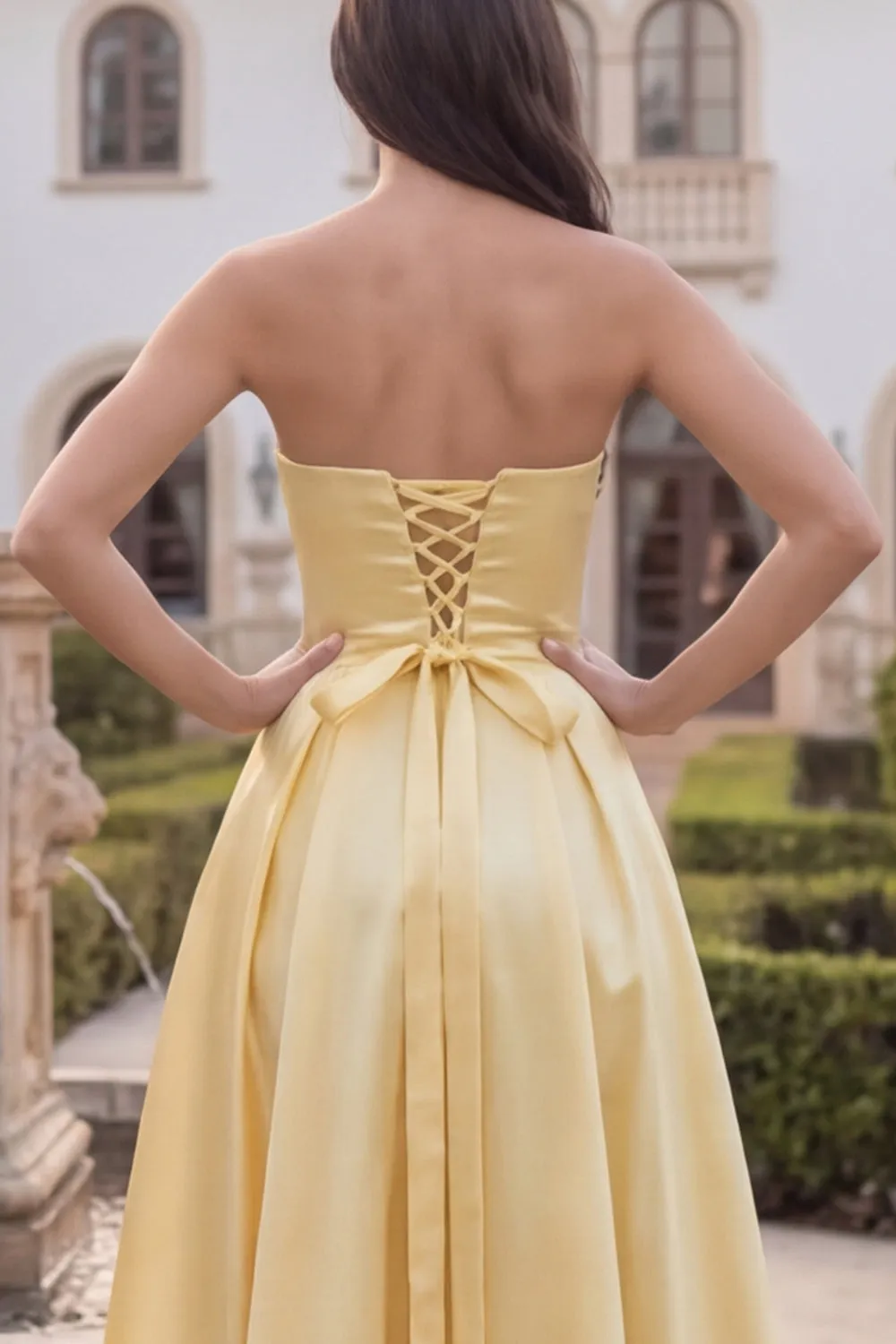 Strapless Yellow A Line Satin Midi Wedding Guest Dress sold by Wedtrend product image thumbnail 4