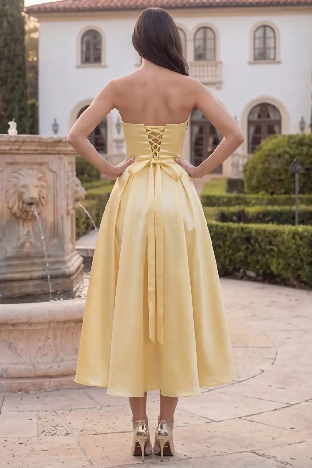 Strapless Yellow A Line Satin Midi Wedding Guest Dress sold by Wedtrend product image thumbnail 2