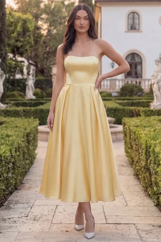 Strapless Yellow A Line Satin Midi Wedding Guest Dress made by Wedtrend