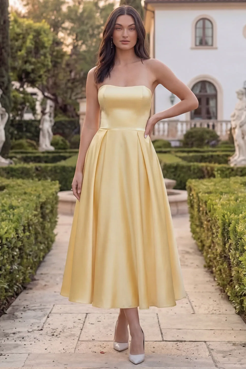 Strapless Yellow A Line Satin Midi Wedding Guest Dress sold by Wedtrend