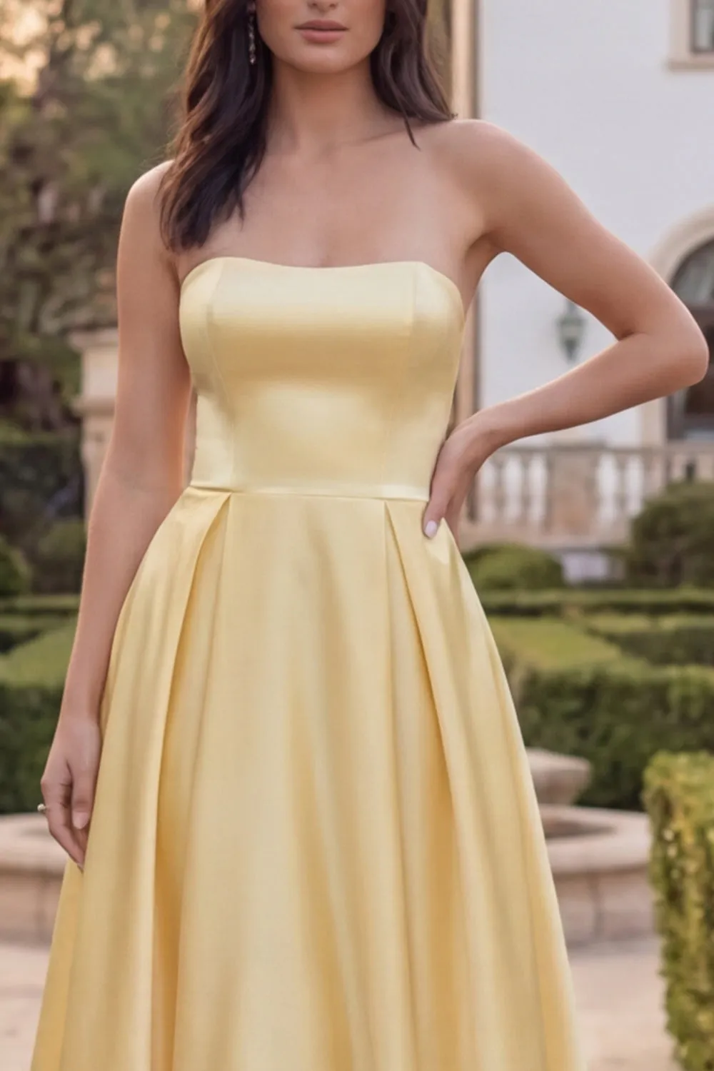 Strapless Yellow A Line Satin Midi Wedding Guest Dress sold by Wedtrend product image thumbnail 3