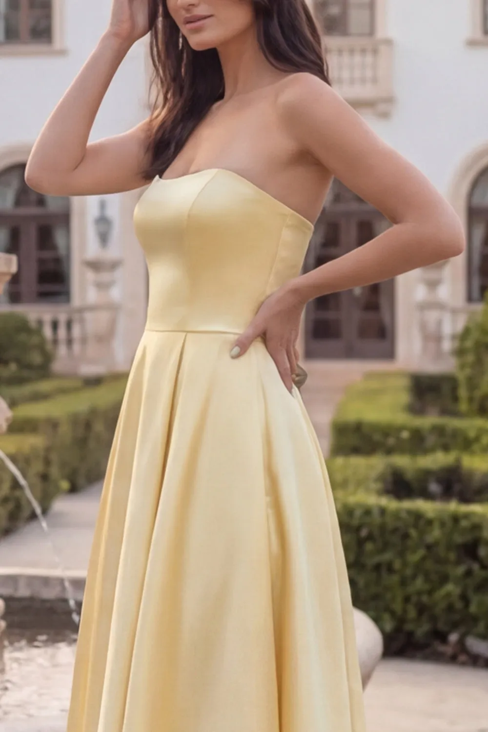 Strapless Yellow A Line Satin Midi Wedding Guest Dress sold by Wedtrend product image thumbnail 5