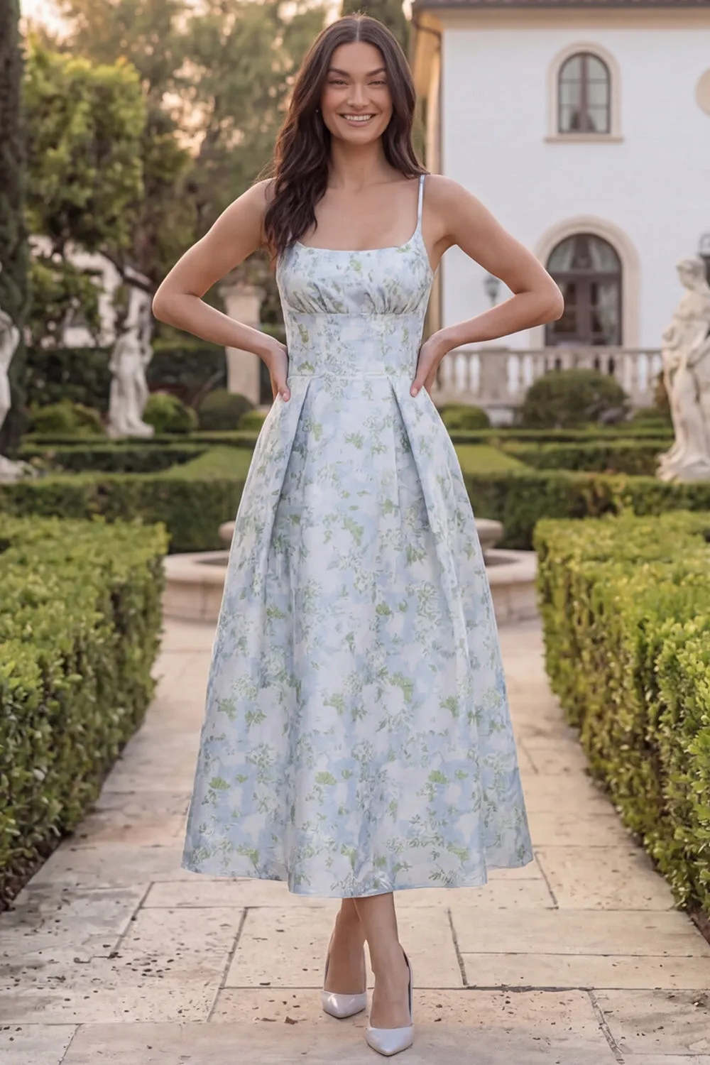 Blue White Flower A Line Square Neck Midi Wedding Guest Dress sold by Wedtrend