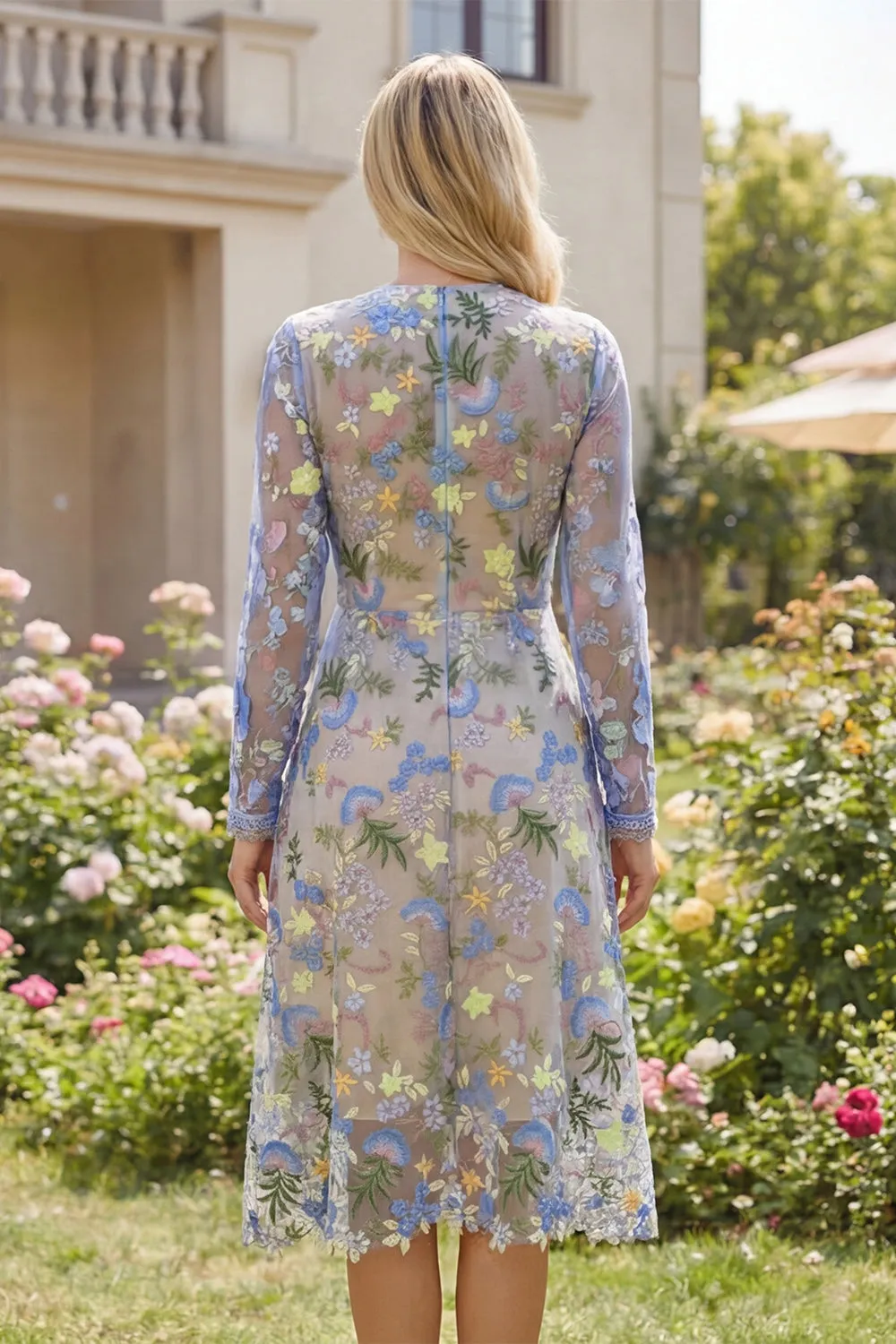 Light Blue Floral V Neck A Line Midi Wedding Guest Dress with Long Sleeves sold by Wedtrend product image thumbnail 2