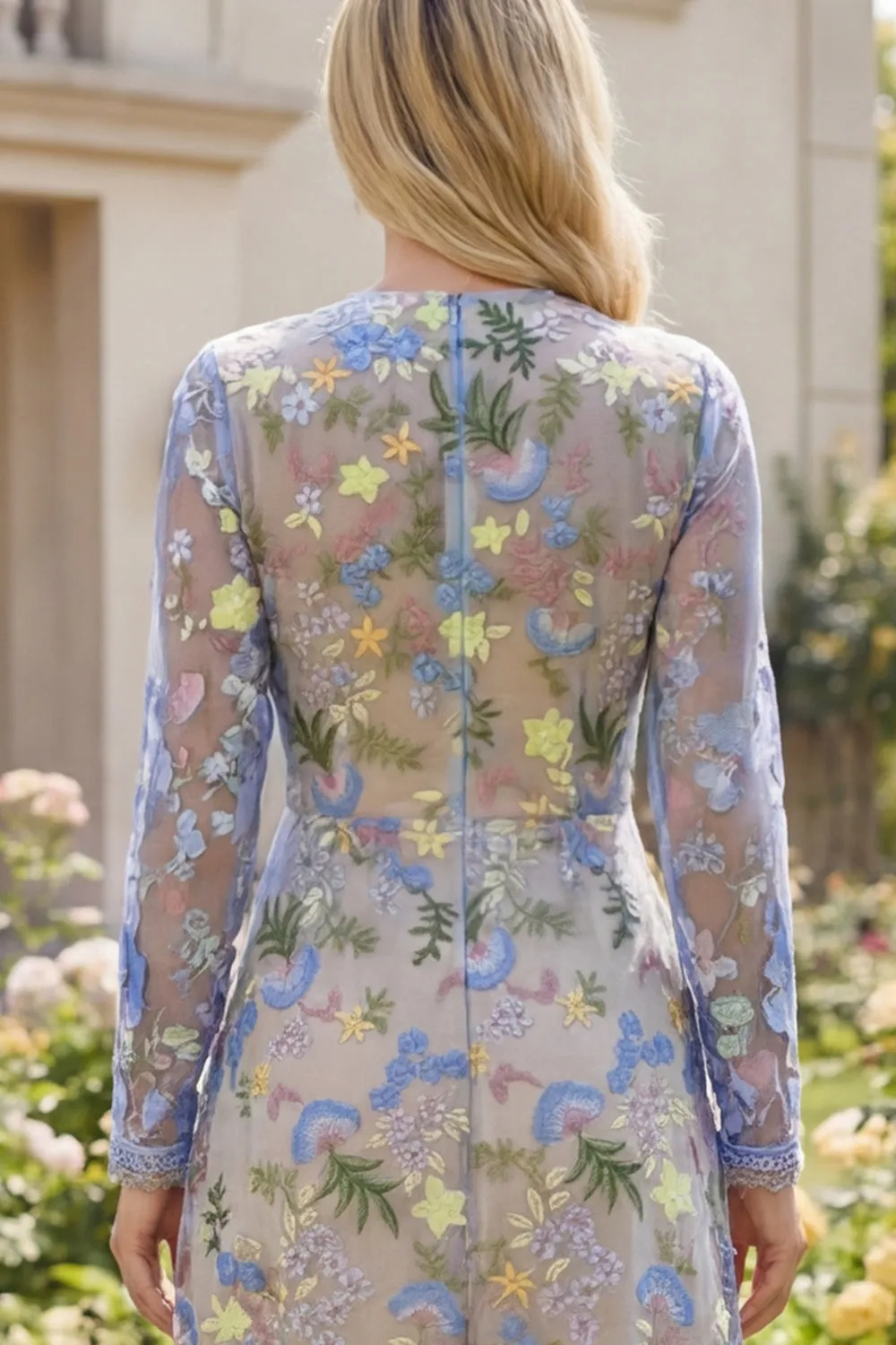 Light Blue Floral V Neck A Line Midi Wedding Guest Dress with Long Sleeves sold by Wedtrend product image thumbnail 5