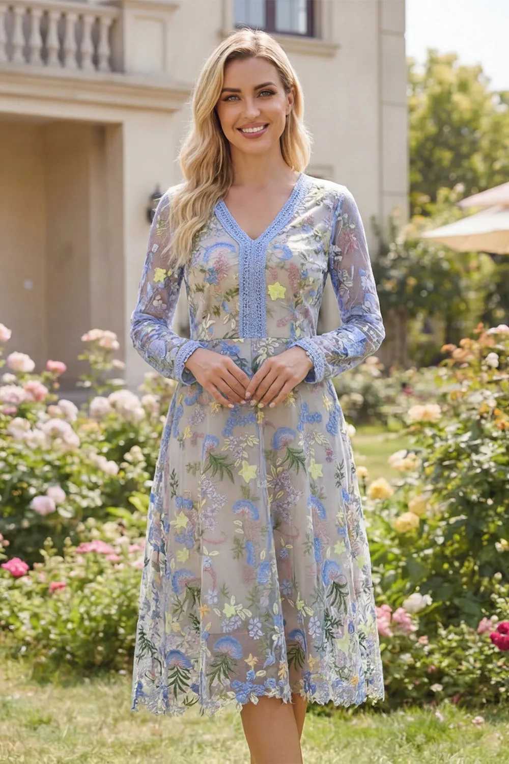 Light Blue Floral V Neck A Line Midi Wedding Guest Dress with Long Sleeves sold by Wedtrend