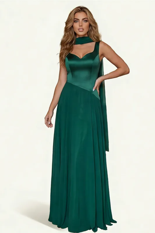 Dark Green Satin A Line Long Bridesmaid Dress with Streamer made by Wedtrend