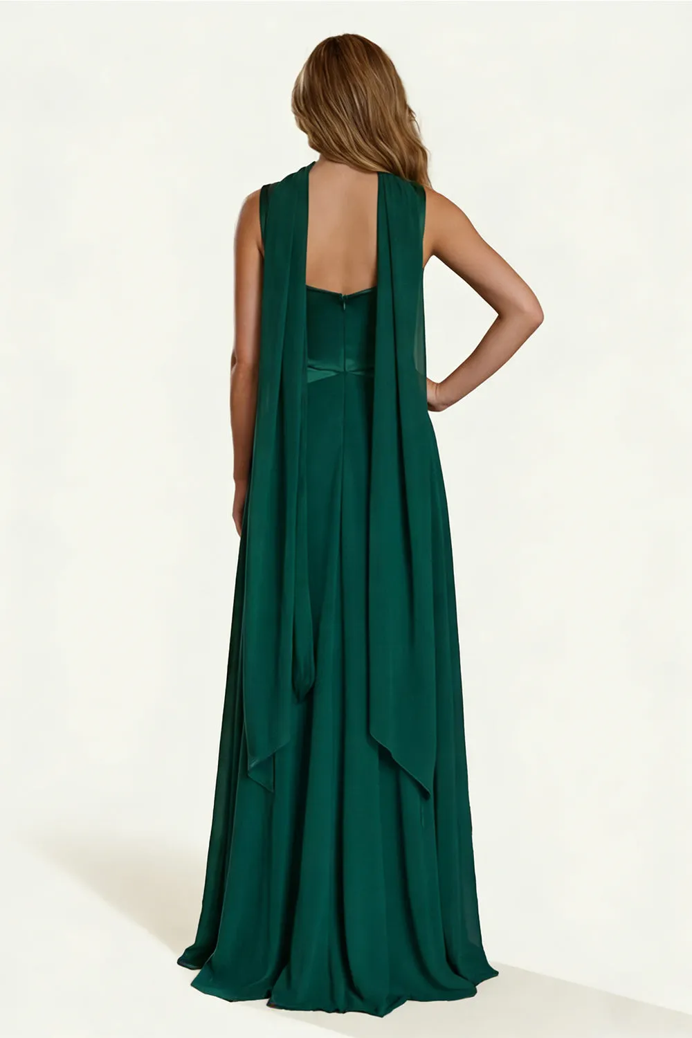 Dark Green Satin A Line Long Bridesmaid Dress with Streamer sold by Wedtrend product image thumbnail 2