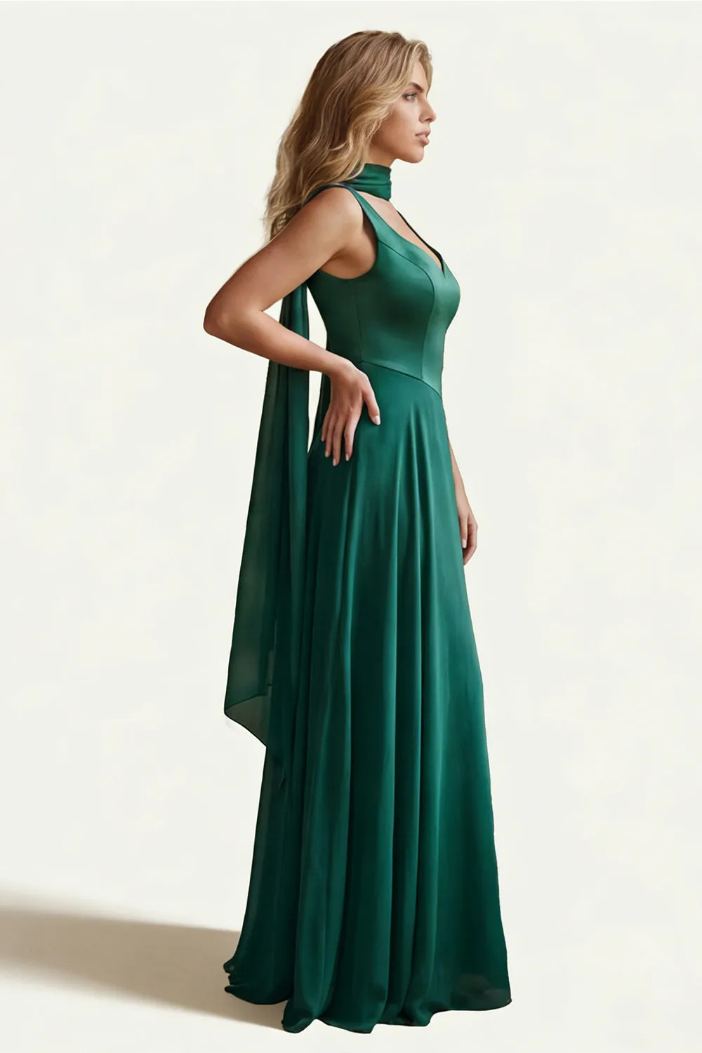 Dark Green Satin A Line Long Bridesmaid Dress with Streamer sold by Wedtrend product image thumbnail 3
