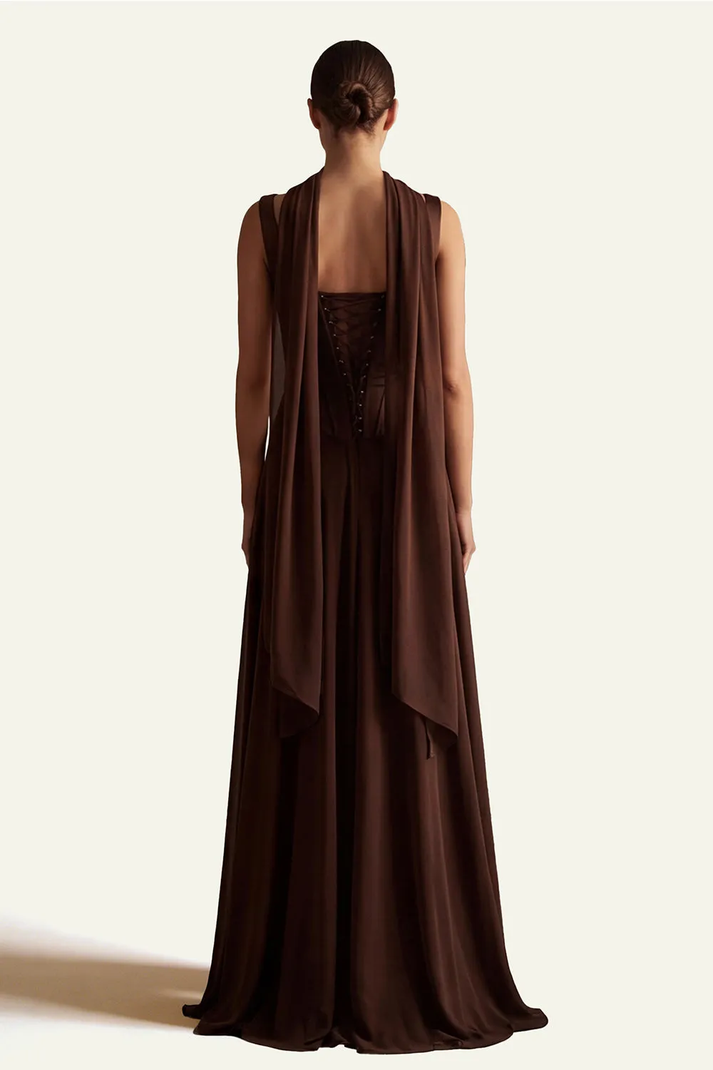 Coffee A Line Corset Satin Long Bridesmaid Dress with Streamer sold by Wedtrend product image thumbnail 2