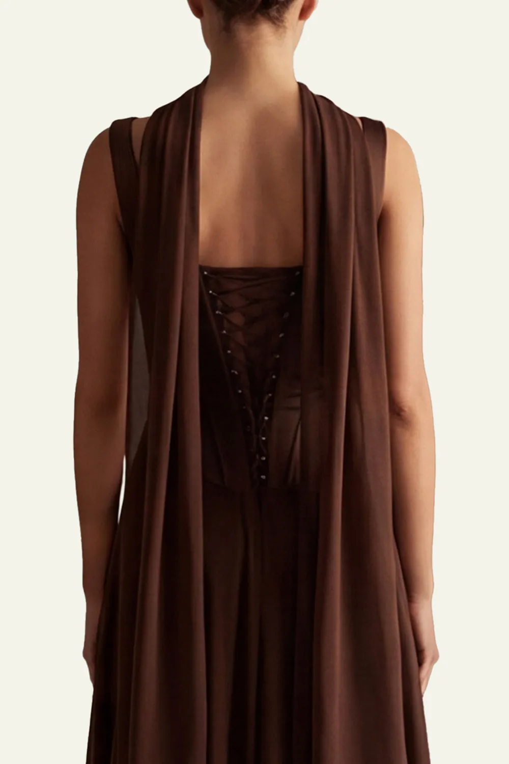 Coffee A Line Corset Satin Long Bridesmaid Dress with Streamer sold by Wedtrend product image thumbnail 5