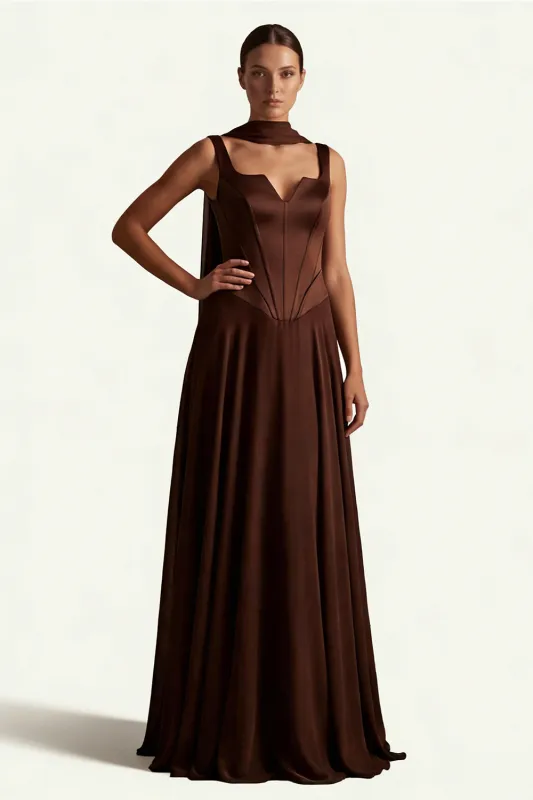 Coffee A Line Corset Satin Long Bridesmaid Dress with Streamer made by Wedtrend